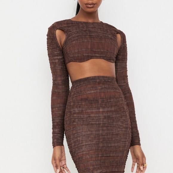 House of CB Tops - House Of Cb Womens Blythe Mesh Top Large Brown Ruched Cutout Cropped